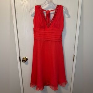 Elegant Coral Red Sleeveless Halter Dress Size 12
